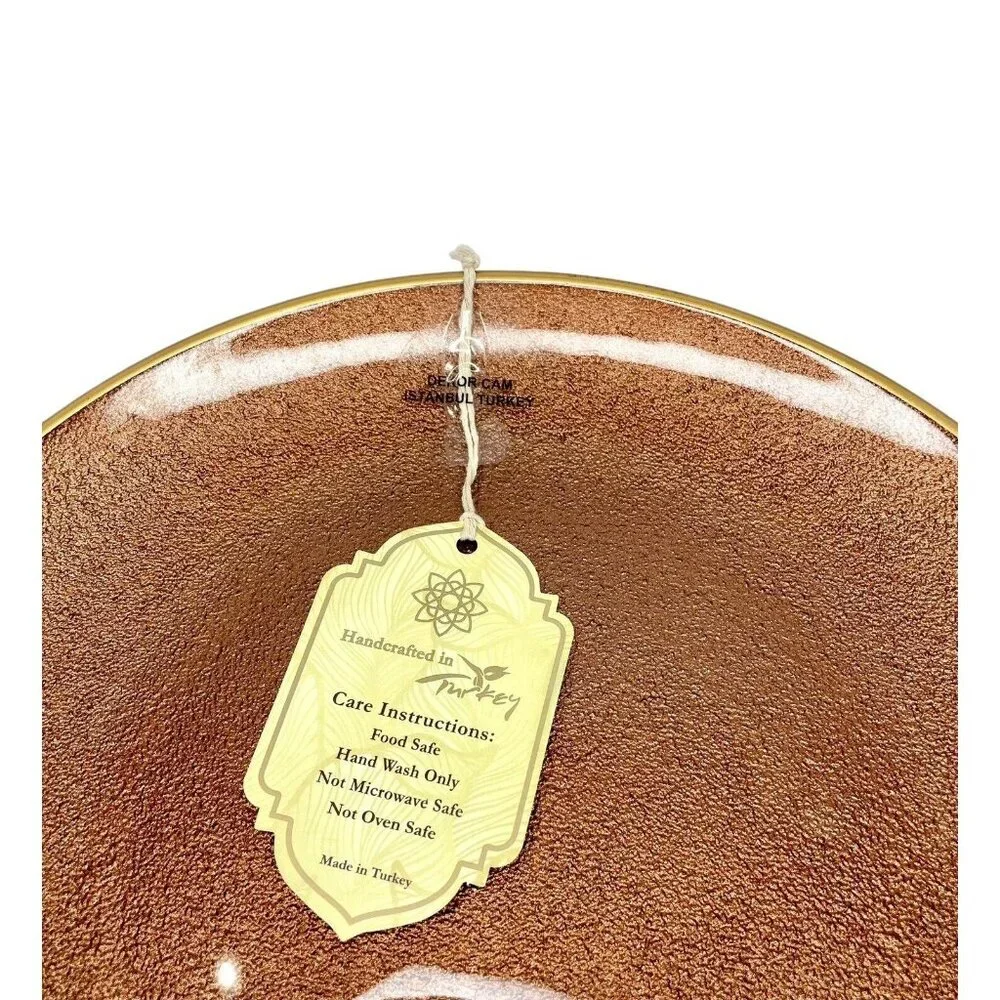 Turkish Glass 4 Entree Dinner Plates Set Brown Bronze Textured Gold Rim 11